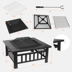 AOOU Steel Fire Pits for Outside, 32'' Square Wood Burning Fire Pit Table, Outdoor Patio BBQ Firepit Bonfire Party