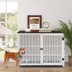 Wooden Dog Crate Furniture with Metal Frame, Large Indoor Dog Kennel End Table, Stylish Pet Cage with 3 Doors and Removable Tray