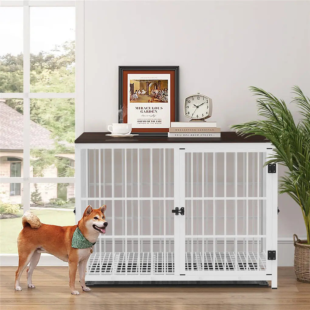 Wooden Dog Crate Furniture with Metal Frame, Large Indoor Dog Kennel End Table, Stylish Pet Cage with 3 Doors and Removable Tray