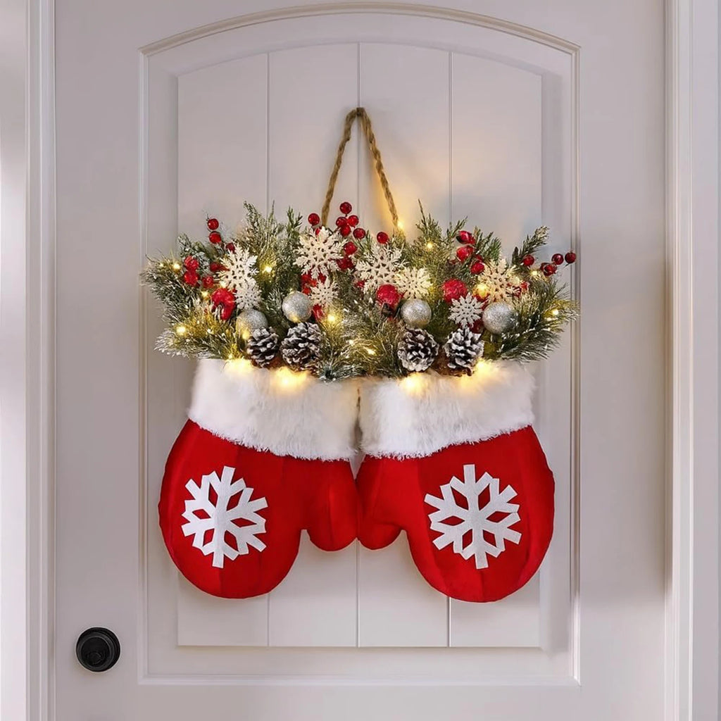 Christmas Gloves Wreath with Light with Light Design Wreath Hanging Ornaments for Christmas Indoor Outdoor Wall Decor