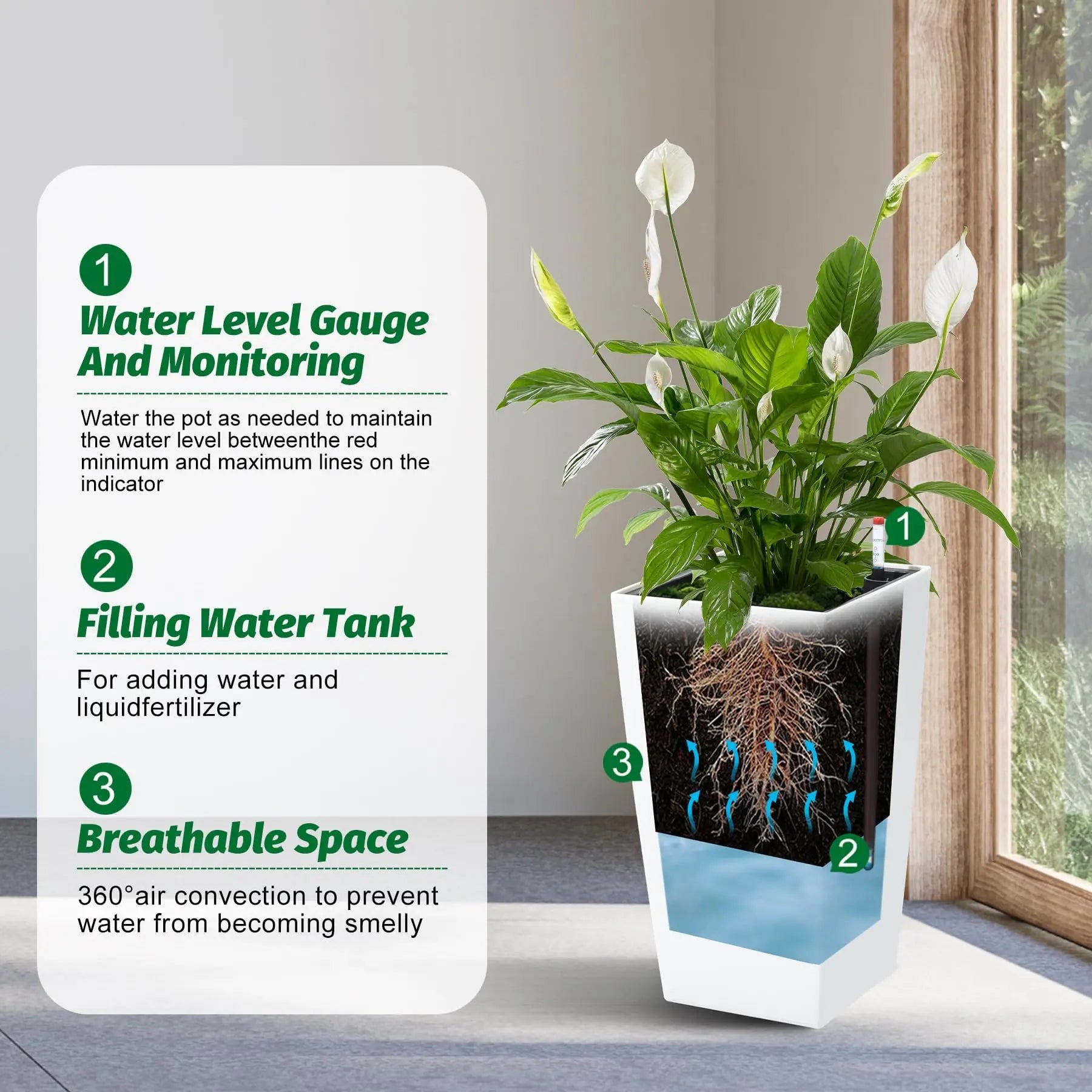 15.7"/22.5" Tall Planters Set Of 2, Self Watering Indoor Outdoor Front Porch Planter Pots With Drainage & Monitor Bucket