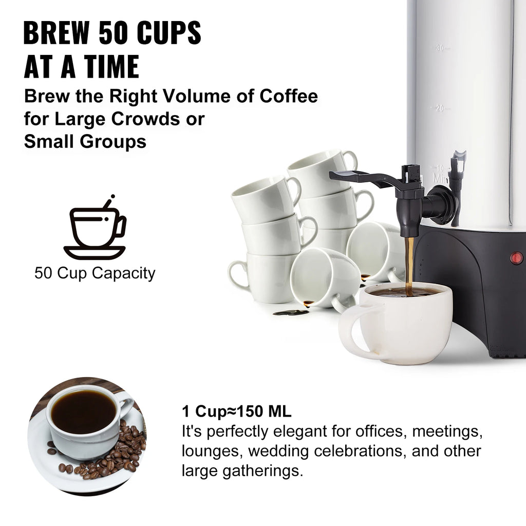 SucceBuy Commercial Coffee Urn 50 Cups Stainless Steel Large Coffee Dispenser 1000W Electric Coffee Maker Urn For Quick Brewing