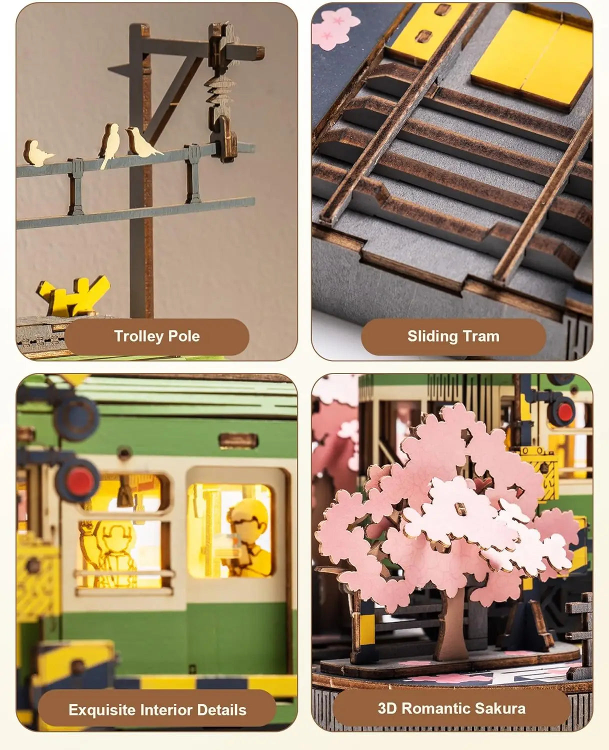Robotime Sakura Journey Tram 3D Wooden Puzzles with LED Lights Home Decor Gift for Adults Women Girls