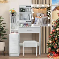 LED Vanity Table with Sliding Mirror, White Makeup Desk 4 Drawers Stool, Dressing Table for Women, Glam Furniture