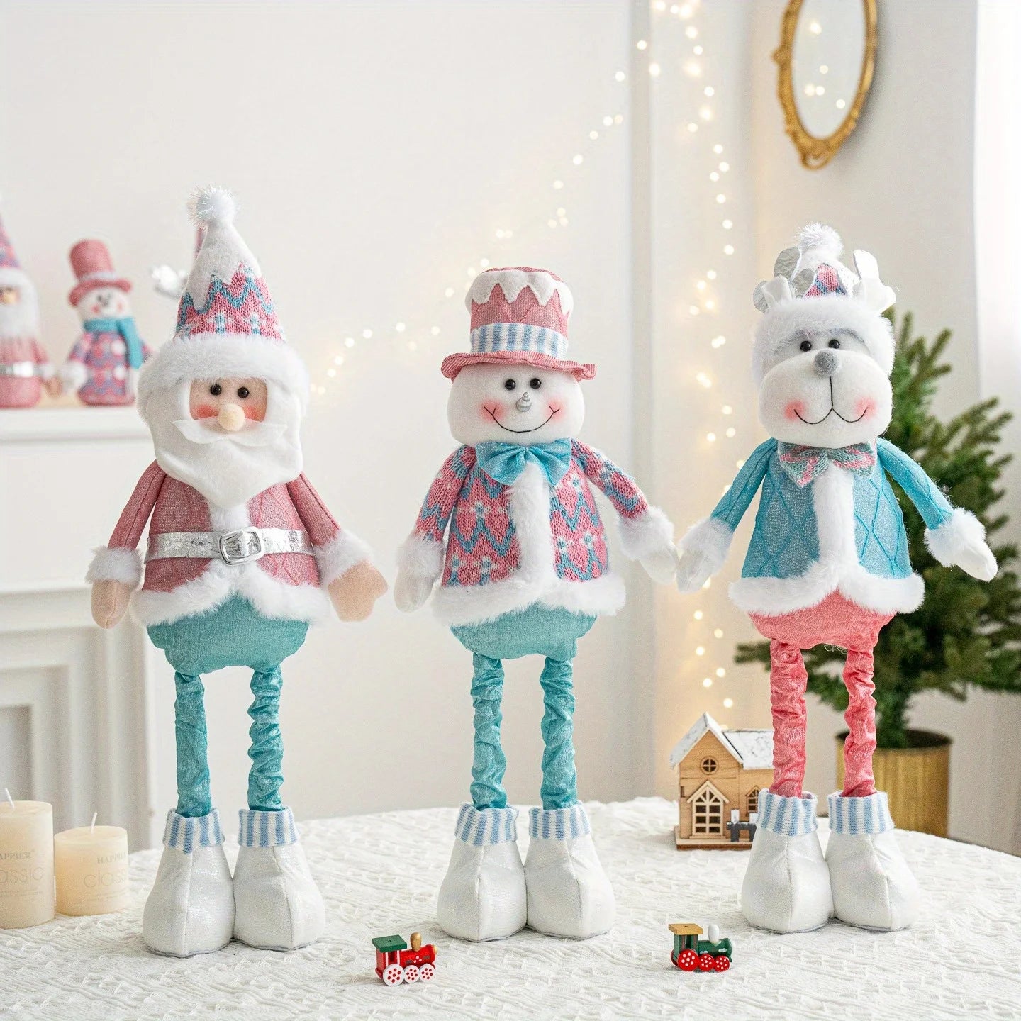 Retractable Santa Claus,Snowman,Elk Dolls,Pink & Blue Fabric Window Decoration with Metal Accents,Multi-Holiday Decor for Christ