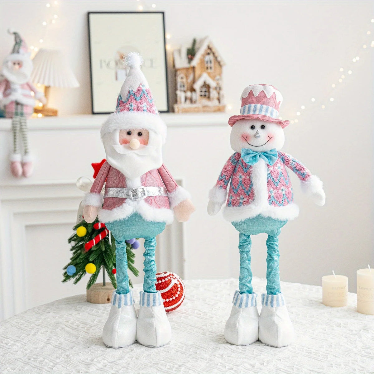 Retractable Santa Claus,Snowman,Elk Dolls,Pink & Blue Fabric Window Decoration with Metal Accents,Multi-Holiday Decor for Christ