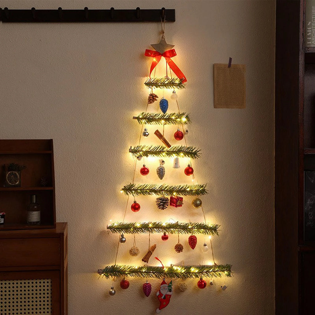 Christmas Tree Wall Decoration Glowing LED Red Bow Snowman Pine Cone Festive Home Indoor Hanging Accessory Set