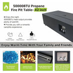 42 Rectangular Propane Fire Pit Table 50,000 BTU Fireplace Table with Wind Guard, Lid, Rocks and Cover, Fire Pits & Outdoor