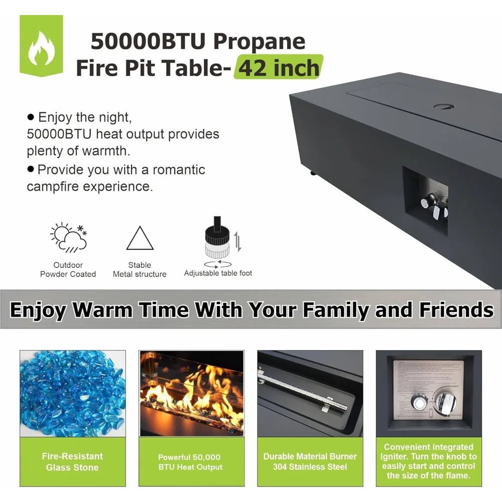 42 Rectangular Propane Fire Pit Table 50,000 BTU Fireplace Table with Wind Guard, Lid, Rocks and Cover, Fire Pits & Outdoor