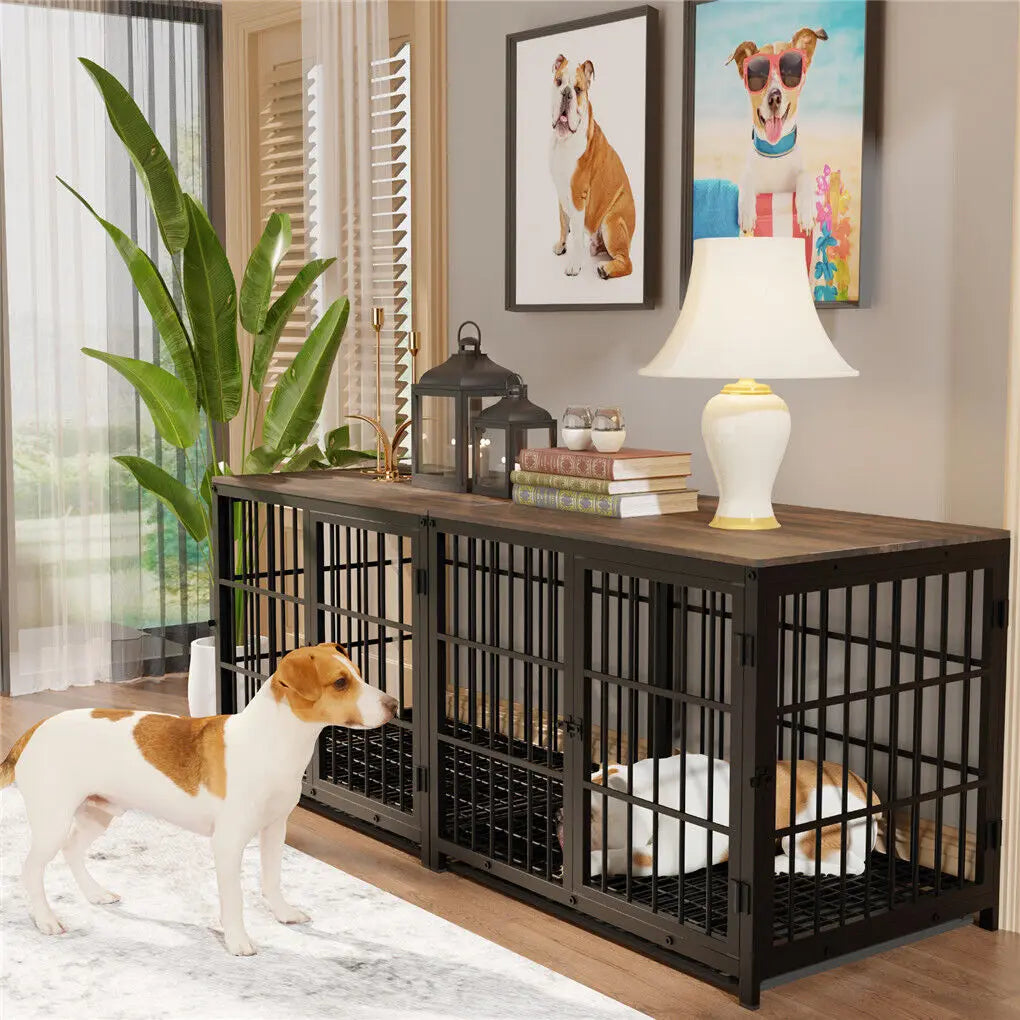 Wooden Dog Crate Furniture with Metal Frame, Large Indoor Dog Kennel End Table, Stylish Pet Cage with 3 Doors and Removable Tray