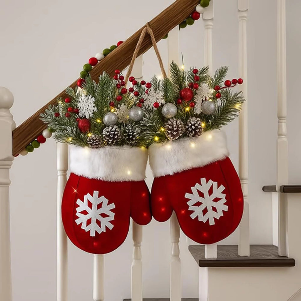 Christmas Gloves Wreath with Light with Light Design Wreath Hanging Ornaments for Christmas Indoor Outdoor Wall Decor