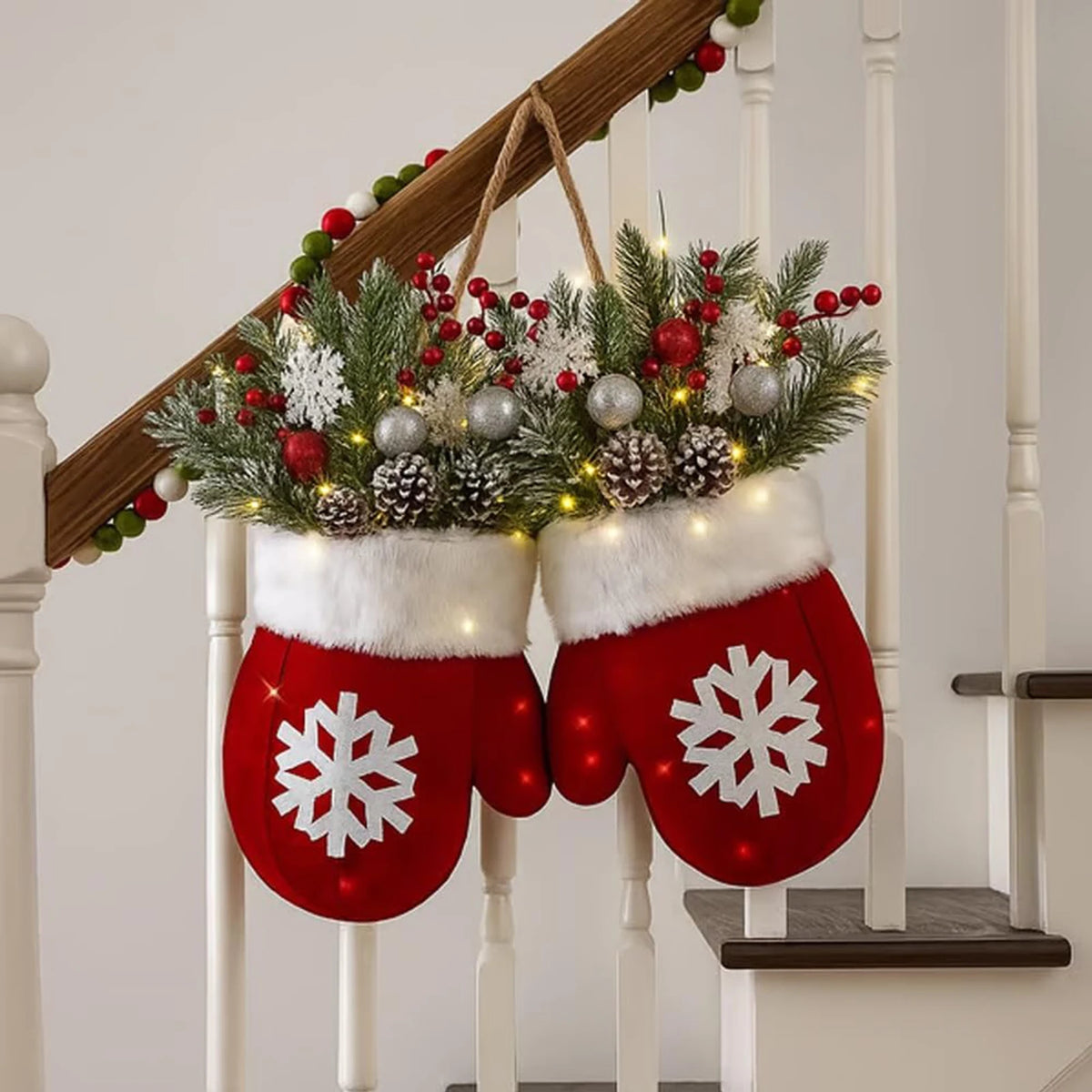 Christmas Gloves Wreath with Light with Light Design Wreath Hanging Ornaments for Christmas Indoor Outdoor Wall Decor