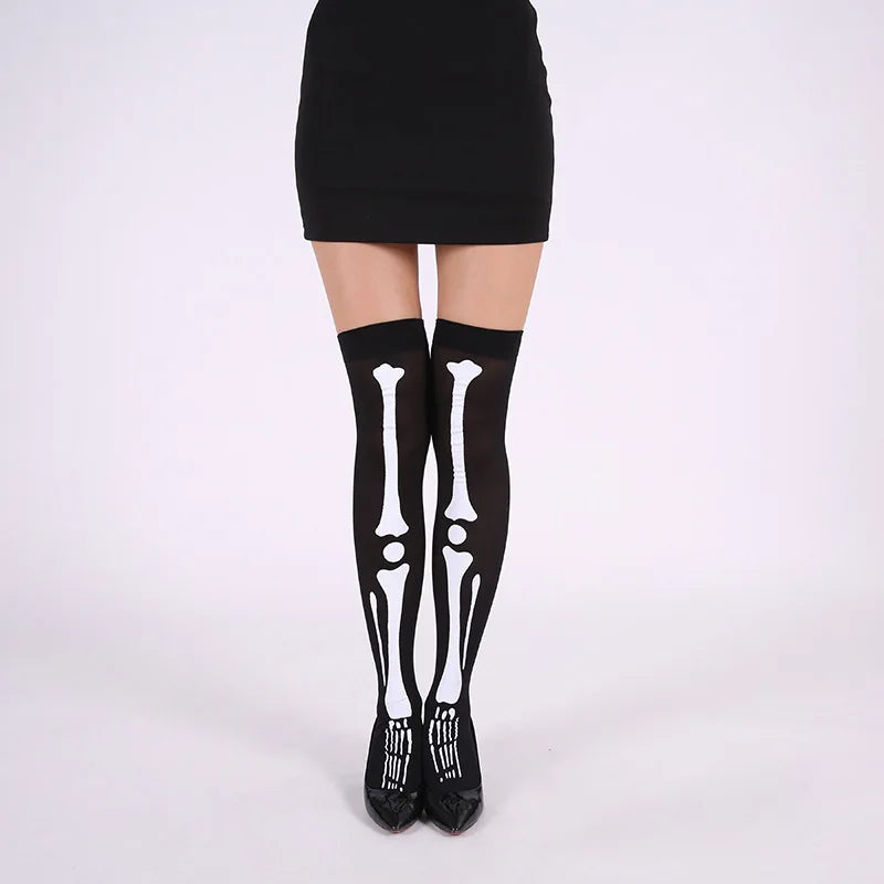 Halloween April Fools Day Theme Party Role Playing Horror Skull Print Long Tube Tight Stockings Costume Women Festival