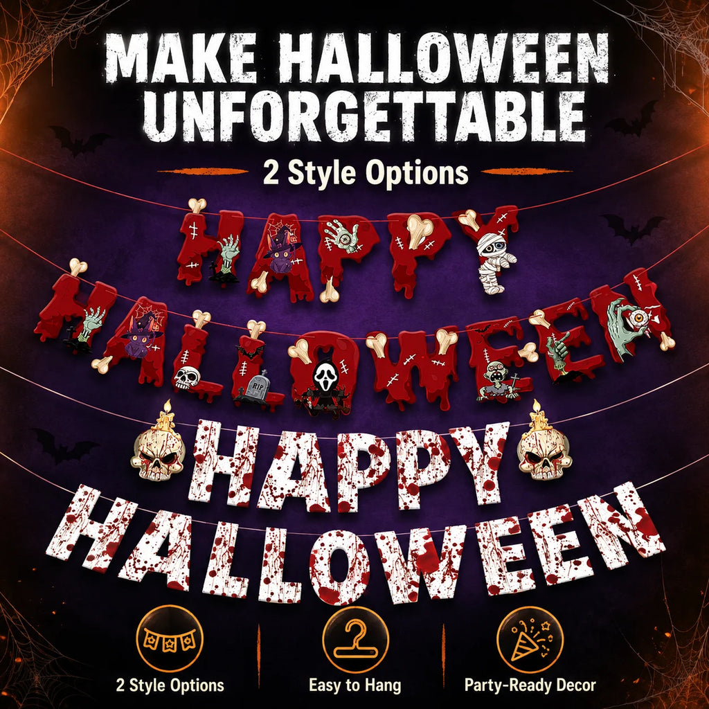 Halloween Ceiling Hangings: Skeletons, Mummies, Bloodstained Handprints, Bat Garlands. Kids Halloween Home Decor