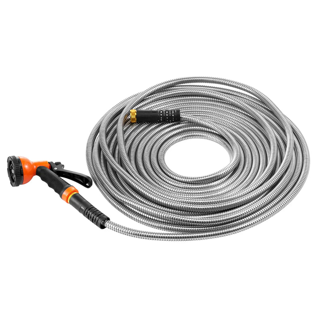 Metal Garden Hose 50 ft, Rust Proof Stainless Steel Water Hose, Heavy Duty Backyard Hose with 10 Function Nozzle, No-Kink & Flexible Water Pipe, Lightweight Metal Hose for Yard, Outdoor