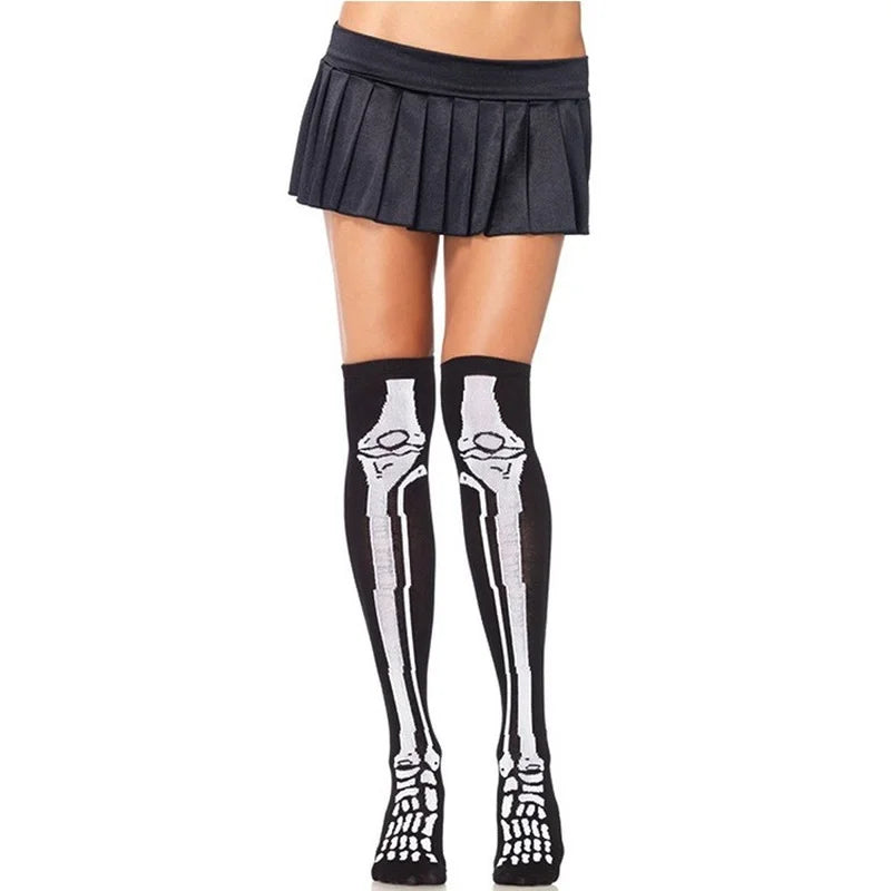 Halloween April Fools Day Theme Party Role Playing Horror Skull Print Long Tube Tight Stockings Costume Women Festival