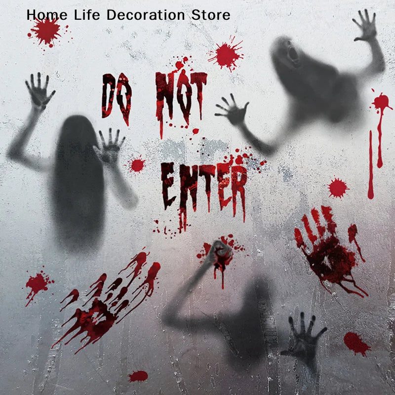 【H】Halloween Stickers Horror Blood Hand Print Door Stickers Window Bathroom Shadow Glass Female Ghost Wall Decal Halloween Decor