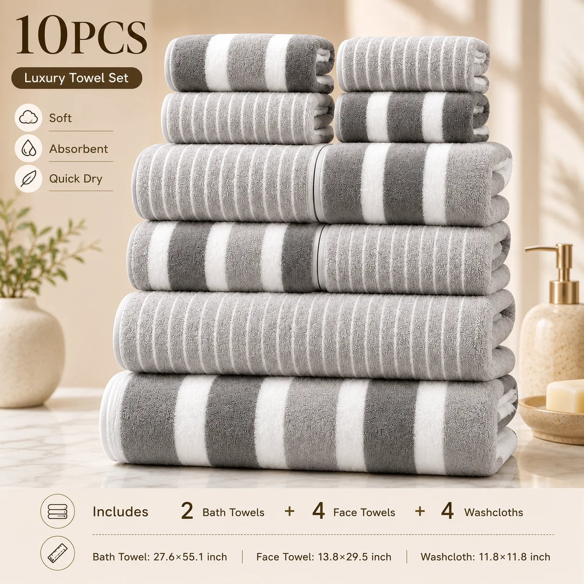 8-Piece Ultra Absorbent Towel Set, Lint-Free & Super Soft Two-Tone Striped Bath Towel Collection, Premium Microfiber Bathroom Towel Set Includes 2 Bath Towels, 2 Face Towels & 4 Hand Towels, Suitable for Bathroom, Spa & Hotel