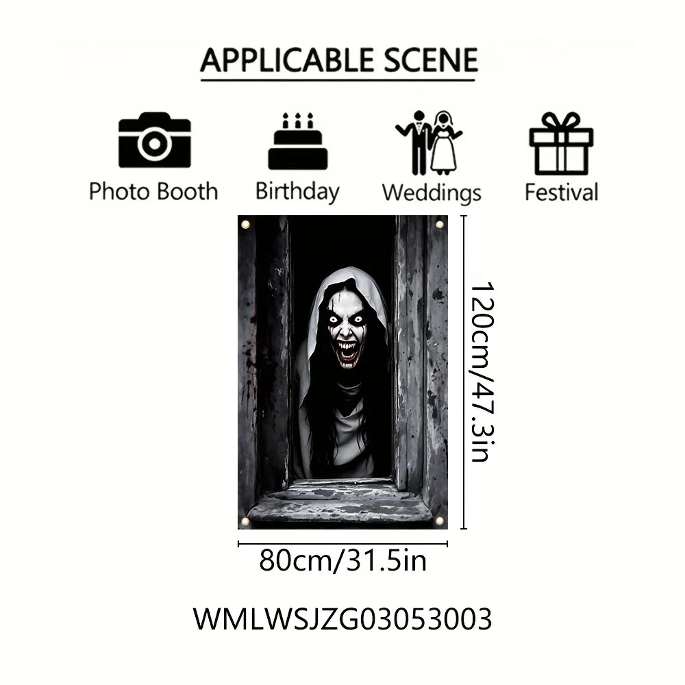 One Halloween curtain - featuring a terrifying design of a ghostly female face, with a horror theme and seasonal decoration.