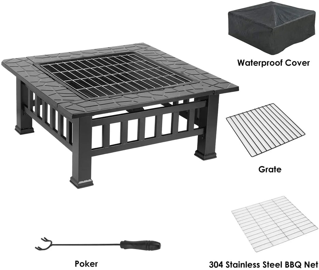 Fire Basket Garden Fireplace 81x81x45cm Including Grill (51*51cm) And Waterproof Cover For Heating/Grilling Metal Brazier