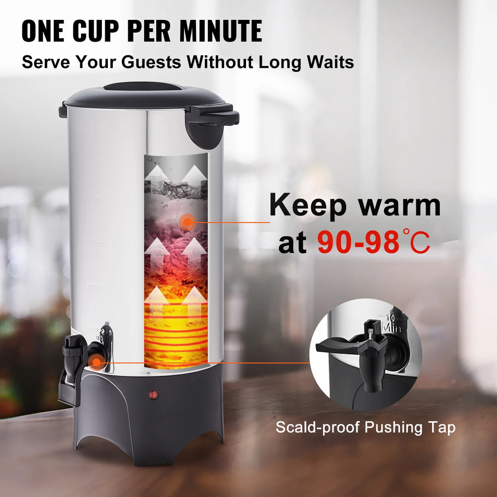 SucceBuy Commercial Coffee Urn 50 Cups Stainless Steel Large Coffee Dispenser 1000W Electric Coffee Maker Urn For Quick Brewing