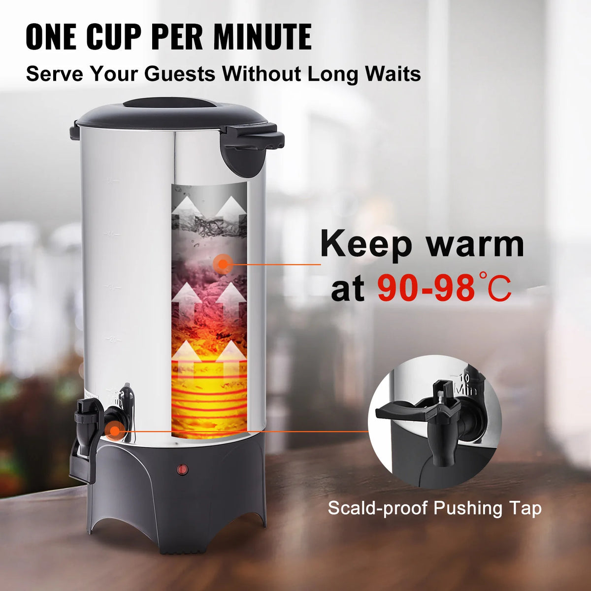 SucceBuy Commercial Coffee Urn 50 Cups Stainless Steel Large Coffee Dispenser 1000W Electric Coffee Maker Urn For Quick Brewing
