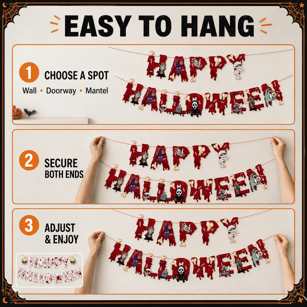 Halloween Ceiling Hangings: Skeletons, Mummies, Bloodstained Handprints, Bat Garlands. Kids Halloween Home Decor