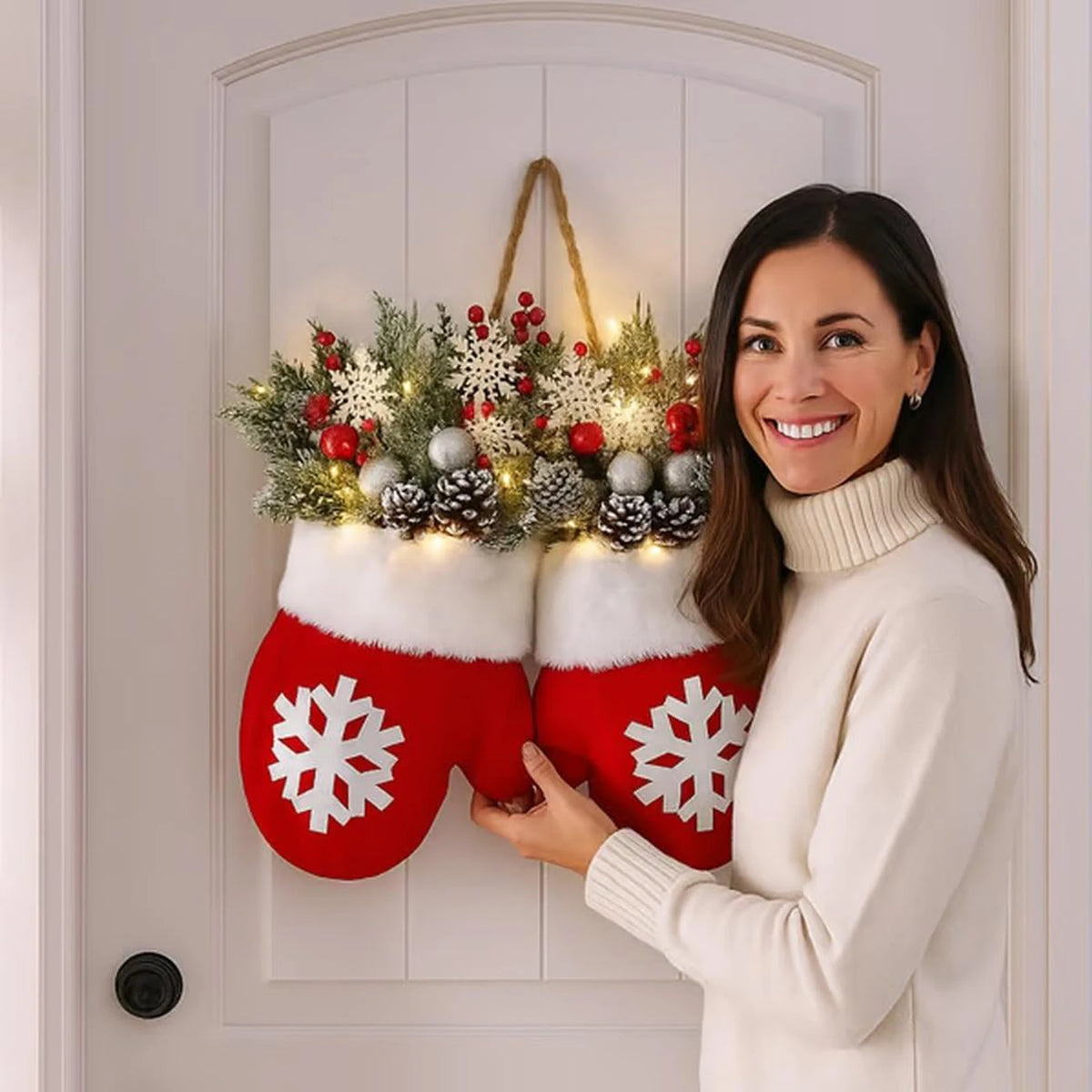 Christmas Gloves Wreath with Light with Light Design Wreath Hanging Ornaments for Christmas Indoor Outdoor Wall Decor