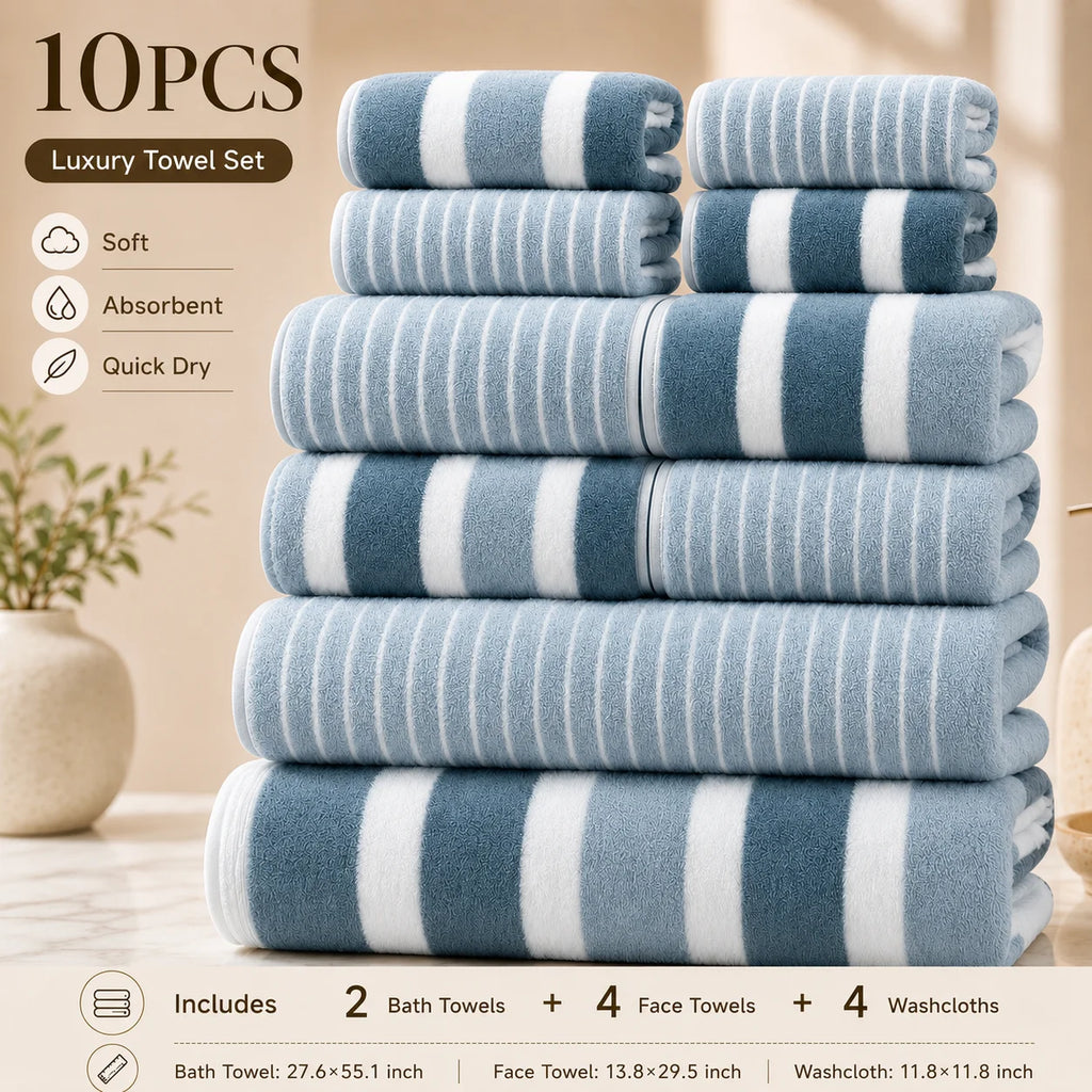 8-Piece Ultra Absorbent Towel Set, Lint-Free & Super Soft Two-Tone Striped Bath Towel Collection, Premium Microfiber Bathroom Towel Set Includes 2 Bath Towels, 2 Face Towels & 4 Hand Towels, Suitable for Bathroom, Spa & Hotel