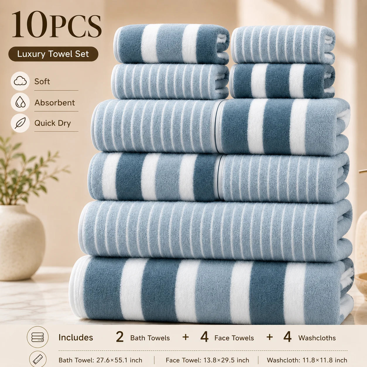 8-Piece Ultra Absorbent Towel Set, Lint-Free & Super Soft Two-Tone Striped Bath Towel Collection, Premium Microfiber Bathroom Towel Set Includes 2 Bath Towels, 2 Face Towels & 4 Hand Towels, Suitable for Bathroom, Spa & Hotel