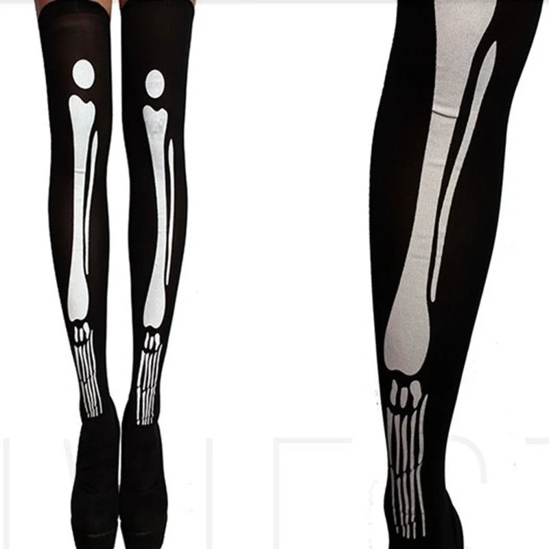 Halloween April Fools Day Theme Party Role Playing Horror Skull Print Long Tube Tight Stockings Costume Women Festival