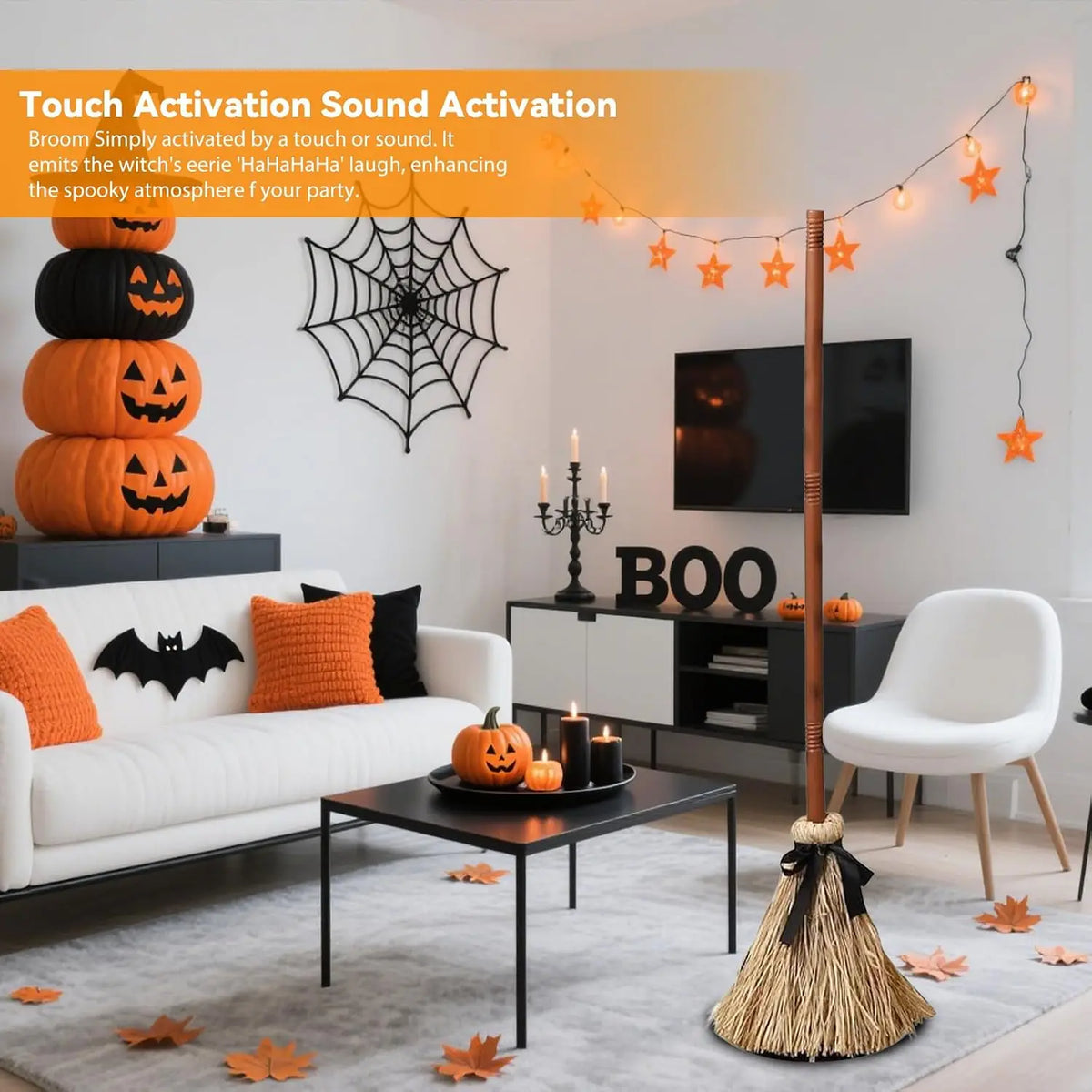 Halloween Floating Witch Broom with Witch Hat Haunted Dancing Moving Prop with Ghost Sounds Terror Atmosphere Home Party Decor