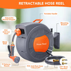 Wall Mounted Retractable Garden Hose Reel, 1/2 in X 72/100 ft, Auto Slow Rewind, 180° Swivel, 9-Function Nozzle, Any Length Lock