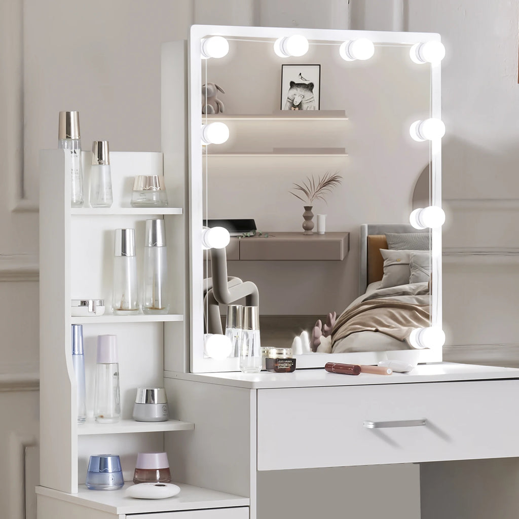 LED Vanity Table with Sliding Mirror, White Makeup Desk 4 Drawers Stool, Dressing Table for Women, Glam Furniture