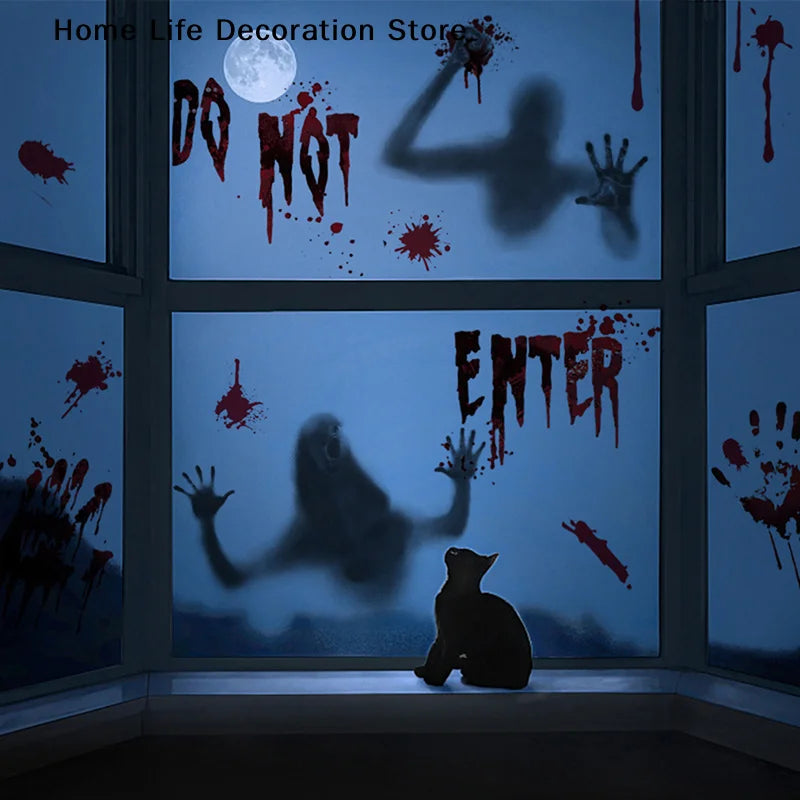 【H】Halloween Stickers Horror Blood Hand Print Door Stickers Window Bathroom Shadow Glass Female Ghost Wall Decal Halloween Decor