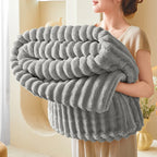 Warm and Comfortable Striped Flannel Blanket, Faux Rabbit Fur Blanket, Soft and Warm Sofa Blanket, Ideal for Napping, Office Use