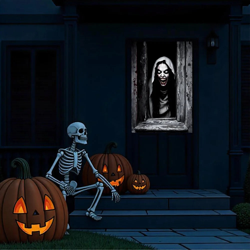 One Halloween curtain - featuring a terrifying design of a ghostly female face, with a horror theme and seasonal decoration.