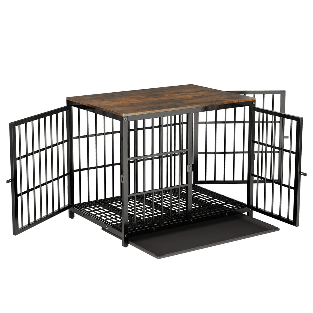 Wooden Dog Crate Furniture with Metal Frame, Large Indoor Dog Kennel End Table, Stylish Pet Cage with 3 Doors and Removable Tray