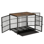 Wooden Dog Crate Furniture with Metal Frame, Large Indoor Dog Kennel End Table, Stylish Pet Cage with 3 Doors and Removable Tray
