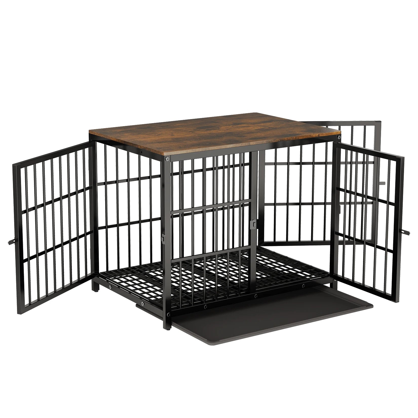 Wooden Dog Crate Furniture with Metal Frame, Large Indoor Dog Kennel End Table, Stylish Pet Cage with 3 Doors and Removable Tray