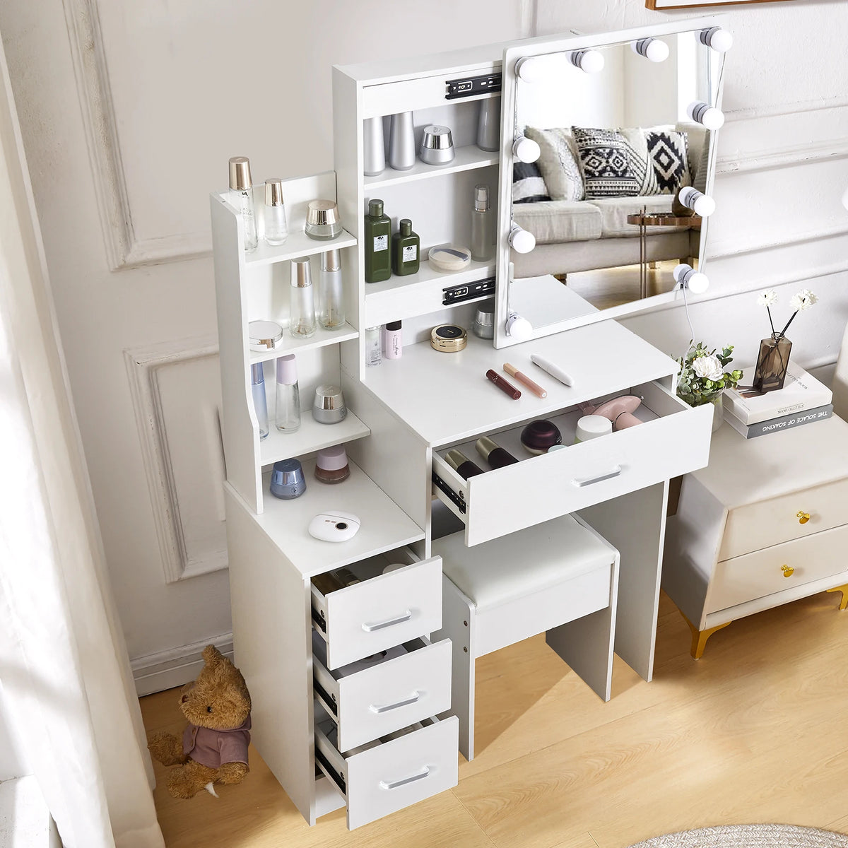 LED Vanity Table with Sliding Mirror, White Makeup Desk 4 Drawers Stool, Dressing Table for Women, Glam Furniture