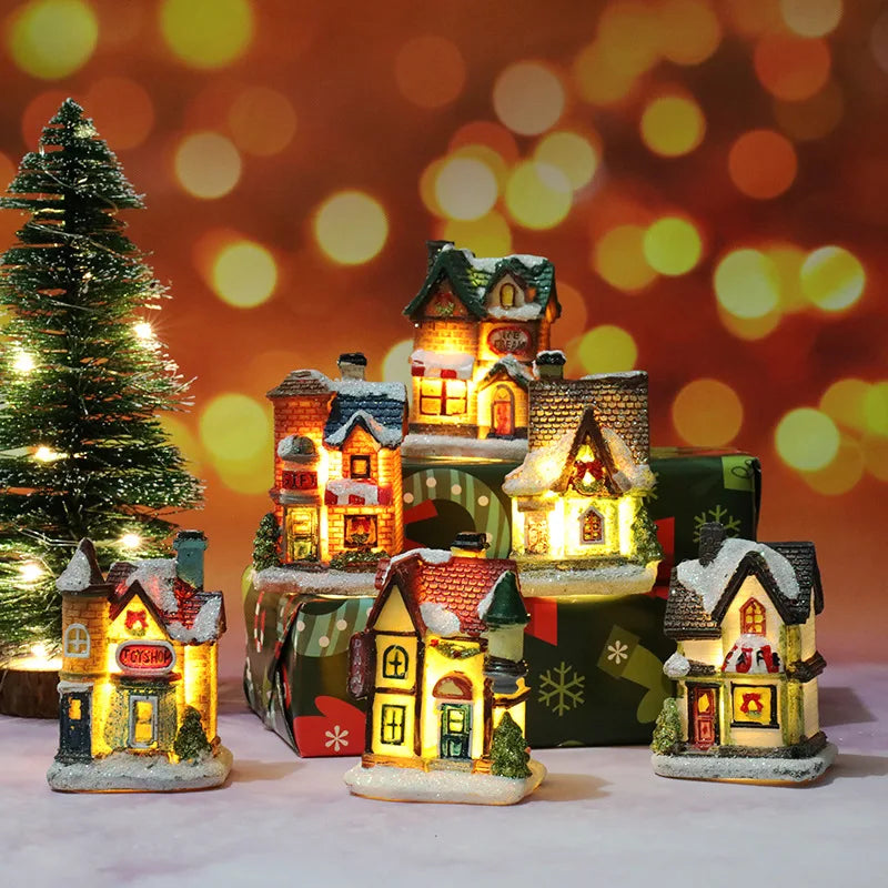 Christmas Led Light House Christmas Tree Ornaments LED Resin Small Village House Xmas Glow Decor Gift Happy New Year Decors DC05