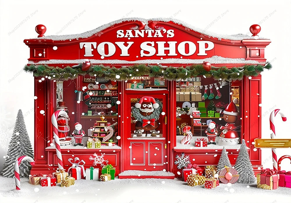 Christmas Photography Backdrop Vinyl Santa's Toy Shop Decoration Backdrop for Xmas Party Supplies Photo Background Studio Decor