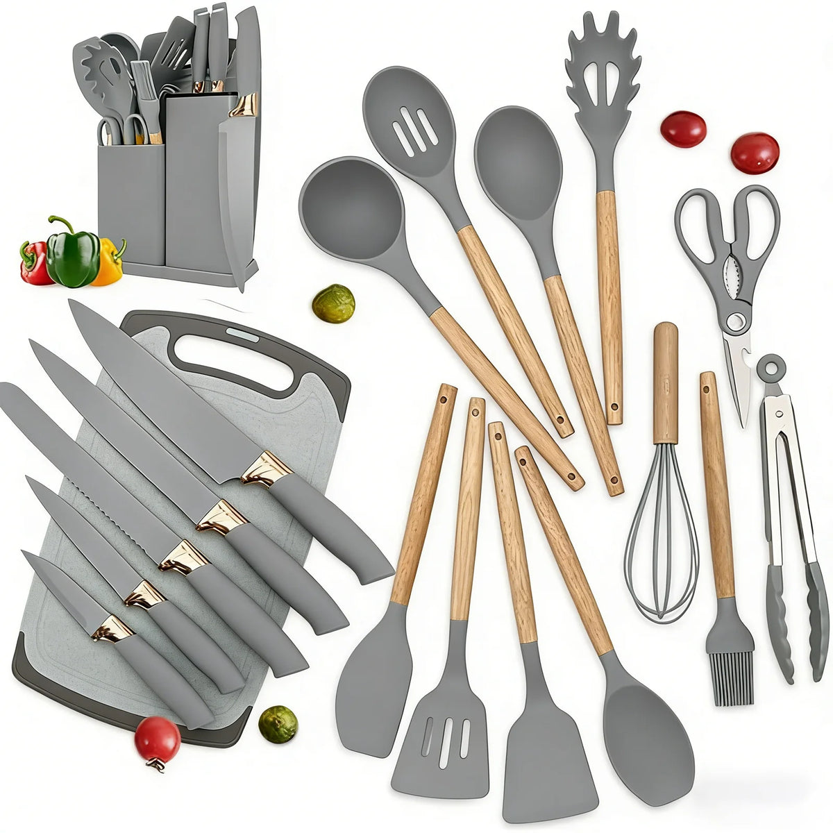 19-in-1 Kitchen Knife & Silicone Utensil Combo Set, Heat Resistant Cooking Tools with Detachable Storage Organizer