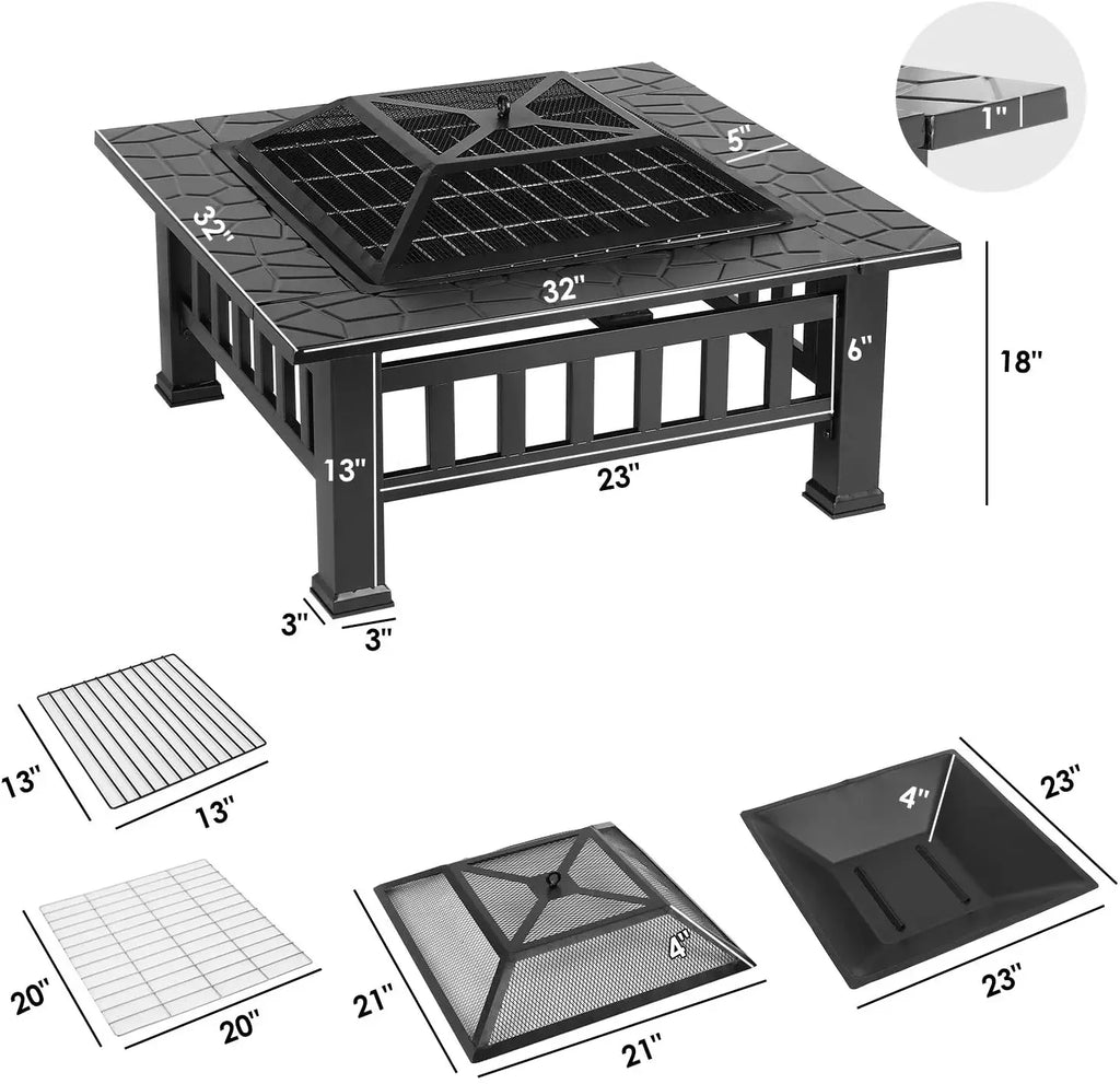 Fire Basket Garden Fireplace 81x81x45cm Including Grill (51*51cm) And Waterproof Cover For Heating/Grilling Metal Brazier