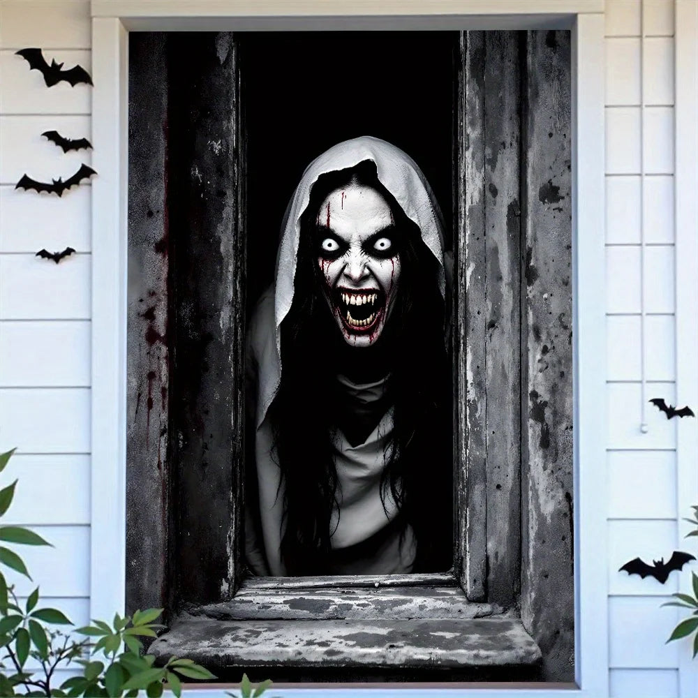 One Halloween curtain - featuring a terrifying design of a ghostly female face, with a horror theme and seasonal decoration.