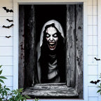 One Halloween curtain - featuring a terrifying design of a ghostly female face, with a horror theme and seasonal decoration.