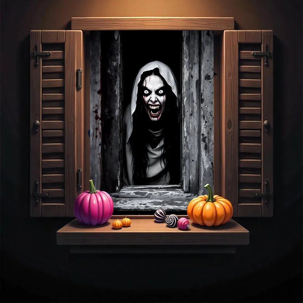 One Halloween curtain - featuring a terrifying design of a ghostly female face, with a horror theme and seasonal decoration.