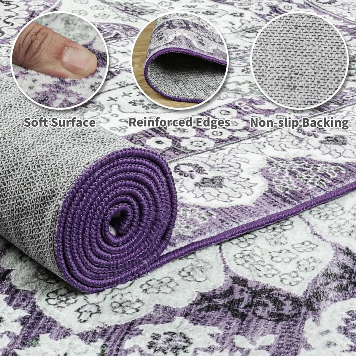 Area Rugs for Living Room, Machine Washable Vintage Rug, Non-Slip Low Pile Throw Rugs with Rubber Backing Washable Carpet