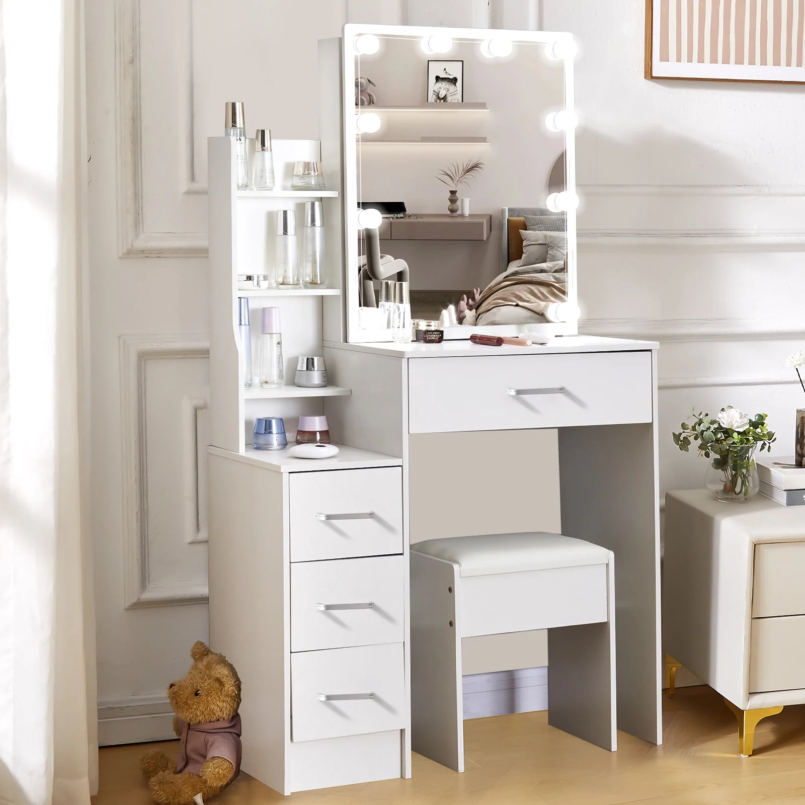 LED Vanity Table with Sliding Mirror, White Makeup Desk 4 Drawers Stool, Dressing Table for Women, Glam Furniture